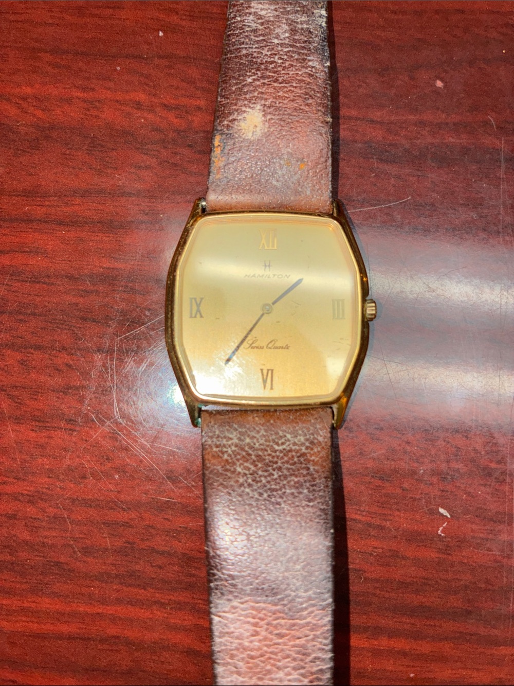 Hamilton Gold-Tone Square Dial Watch with Brown Leather Strap